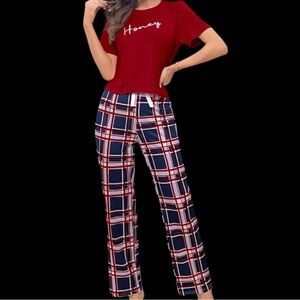 Red 'Honey' T-Shirt and Plaid Pants Set